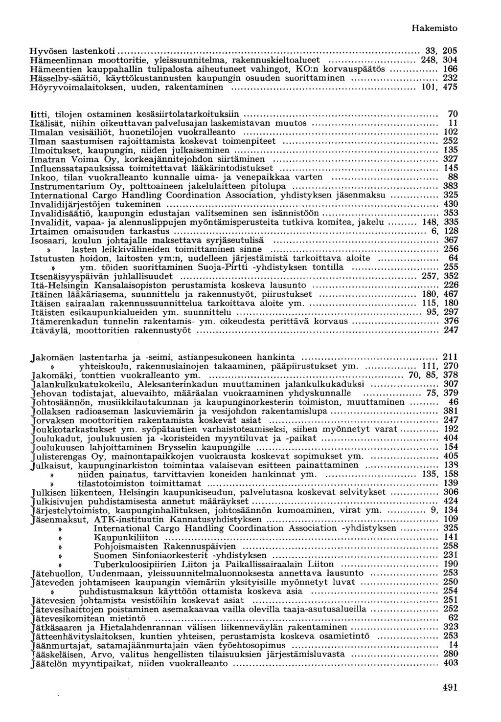 Hyvösen lastenkoti 33, 205 Hämeenlinnan moottoritie, yleissuunnitelma, rakennuskieltoalueet 248, 304 Hämeentien kauppahallin tulipalosta aiheutuneet vahingot, KO:n korvauspäätös 166 Hässelby-säätiö,