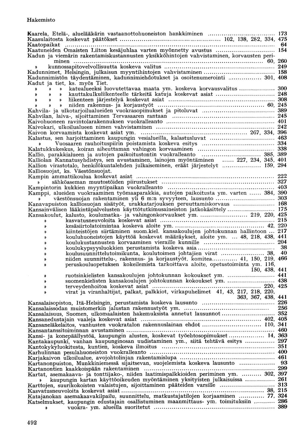 Kaarela, Etelä-, aluelääkärin vastaanottohuoneiston hankkiminen 173 Kaasulaitosta koskevat päätökset 102, 138, 282, 334, 475 Kaatopaikat 64 Kaatuneiden Omaisten Liiton kesäjuhlaa varten myönnetty