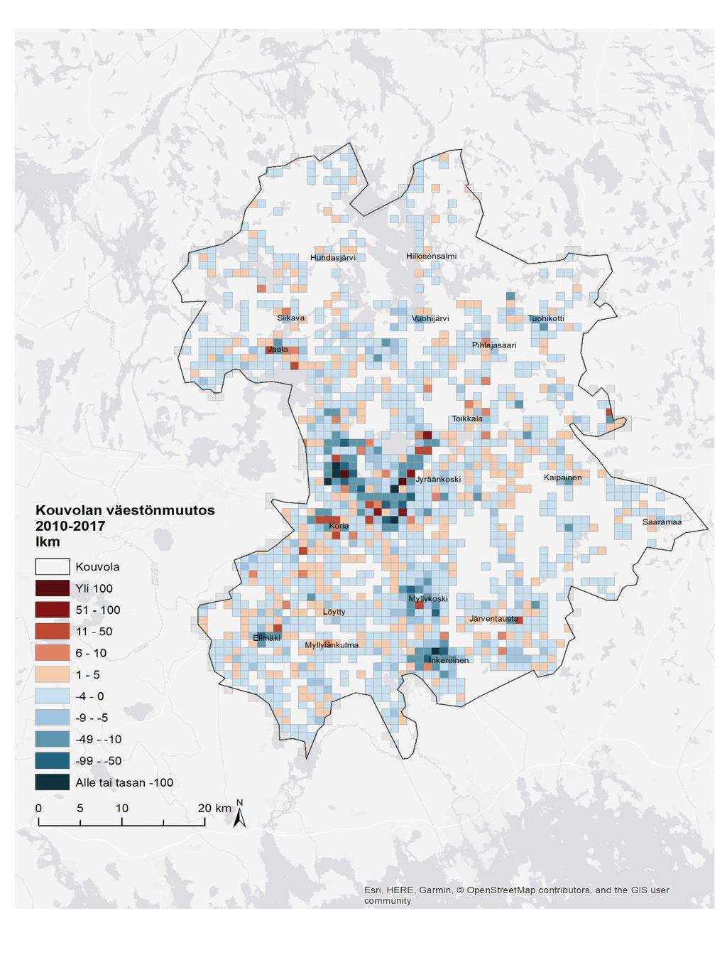 Liitteenä on erikseen kartat, jossa on kuvattu Kouvolan väestönmuutos koko väestön osalta (liite ) ja alle 5-vuotiaiden osalta (liite 2) karttaruuduittain
