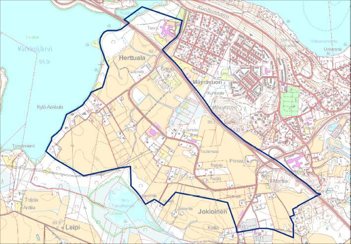 Kangasala - Herttualan osayleiskaava-alueen rakennetun ympäristön ja maiseman inventointi 2015 Herttualan rakennusinventoinnin tutkimusalue, osayleiskaavan alue, rajattuna kartalle.