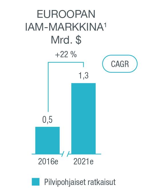 Euroopan IAM-markkina Euroopan pilvipohjaisen IAM-markkinan odotetaan kasvavan nopeasti Euroopan pilvipohjaisen IAM-markkinan kooksi arvioidaan 2016 noin 0,5 miljardia dollaria Tämän