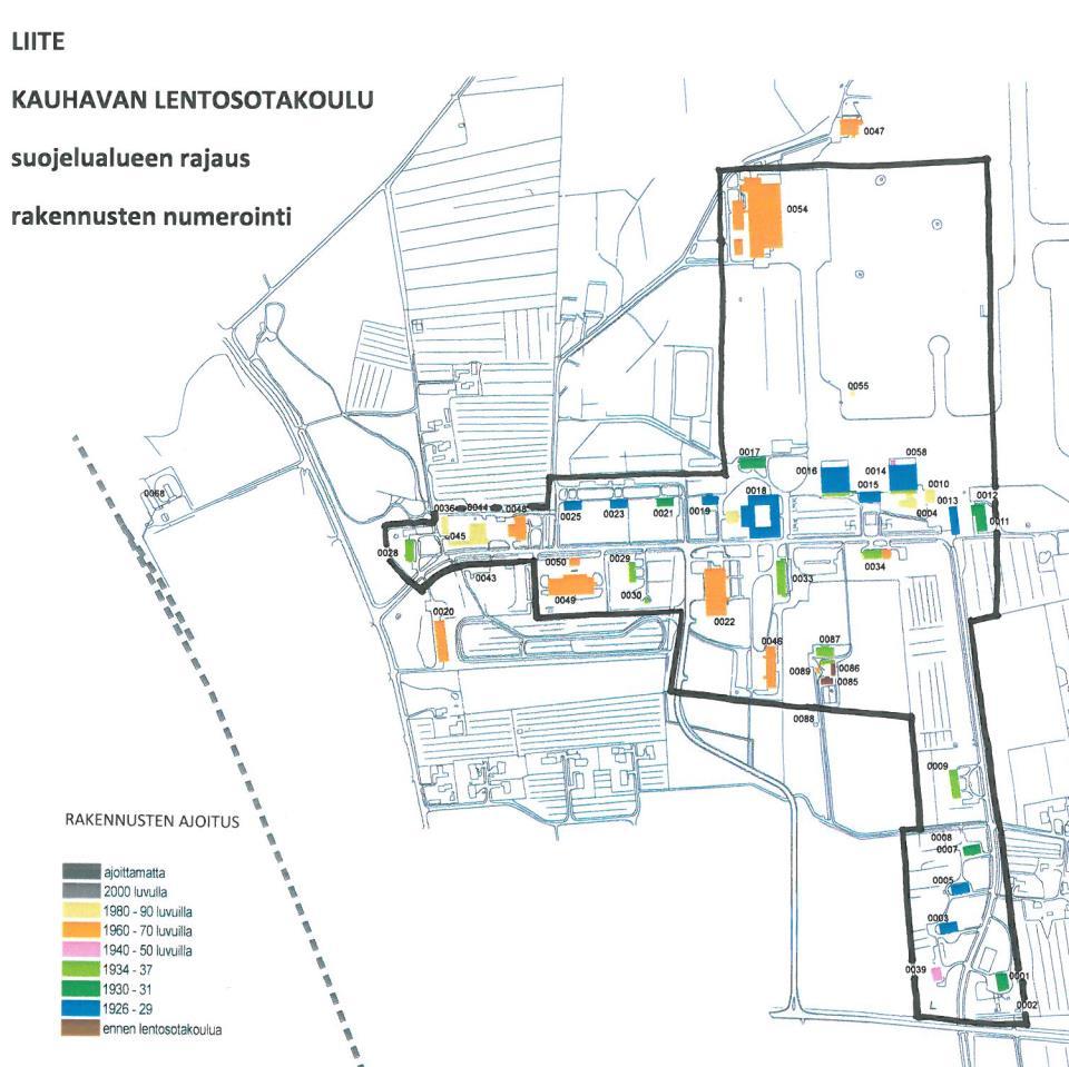 Lentosotakoulun alueen suojeltavat rakennukset: Upseerikerho Upseerien asuinrakennukset 3, 5, 7, 9 Talli ja varasto 13 lentokonehallit 14 ja 16 sivutiloineen Esikunta- ja verstasrakennus /