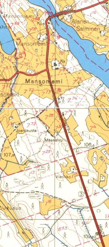 Keskellä: ote vuoden 1959 peruskartasta. Oikea: ote vuoden 1847 pitäjänkartasta.