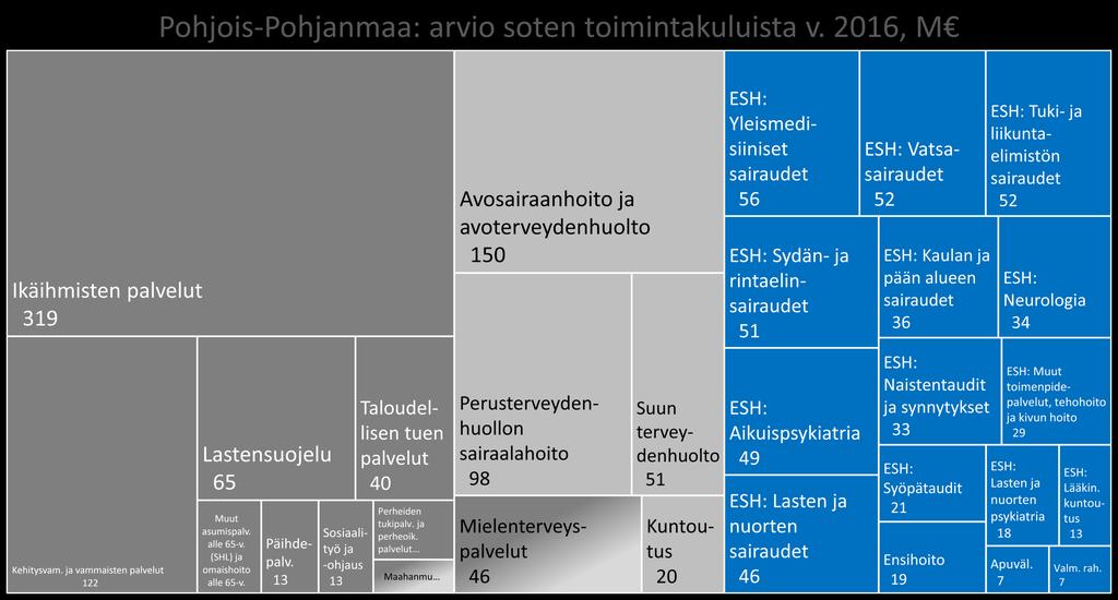 Päivitetty 17.11.2017 Sosiaalipalvelut 606 M Terveyspalvelut 365 M Erikoissairaanhoito 524 M Maakuntatason tiedot ovat suuntaa antavia ja ne tarkentuvat valmistelutyön edetessä.