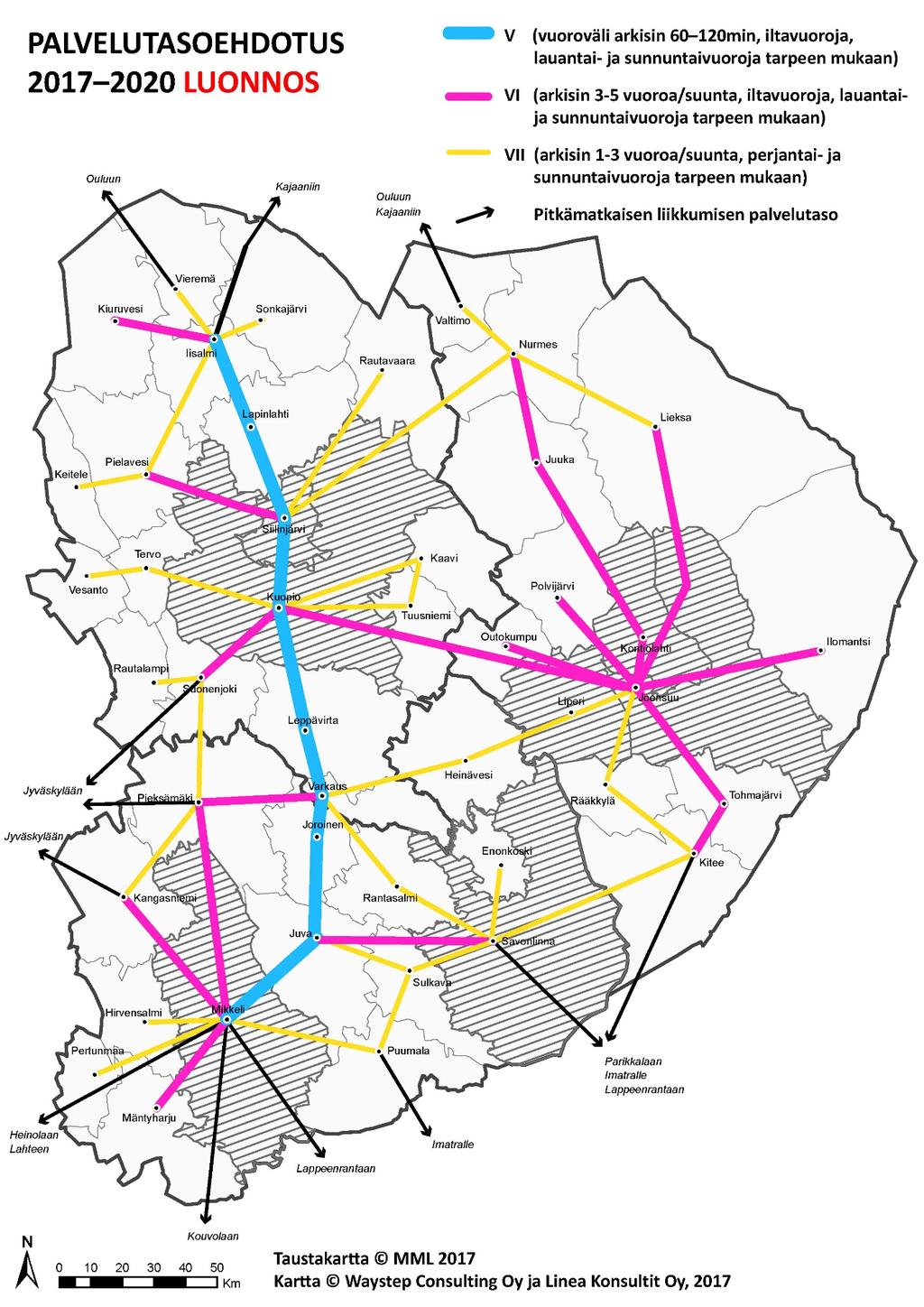 JOUKKOLIIKENTEEN PALVELUTASO 2018-2020 V (vuoroväli arkisin 60-120min, iltavuoroja, lauantai- ja sunnuntaivuoroja tarpeen mukaan) VI (arkisin 3-5 vuoroa/suunta, iltavuoroja, lauantai- ja