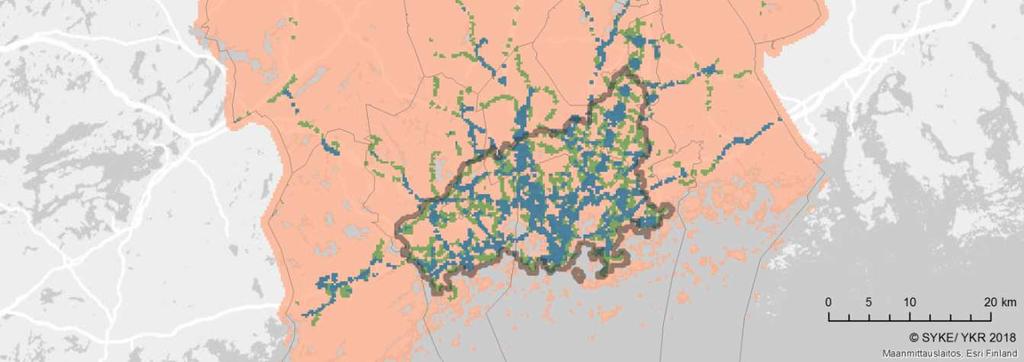 (vähintään 2 pysähdystä tunnissa), on noin 21 22 asukasta ja työpaikkaa / ha.