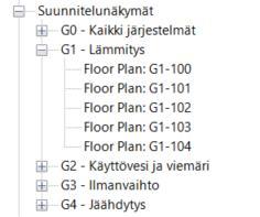 23 KUVA 10. Vesi- ja viemärijärjestelmien suunnittelunäkymä Kaikkiin tarvittaviin näkymiin on luotuna näkymäpohjat, joilla määritetään mitä kussakin näkymässä on näkyvissä ja miten ne esiintyvät.