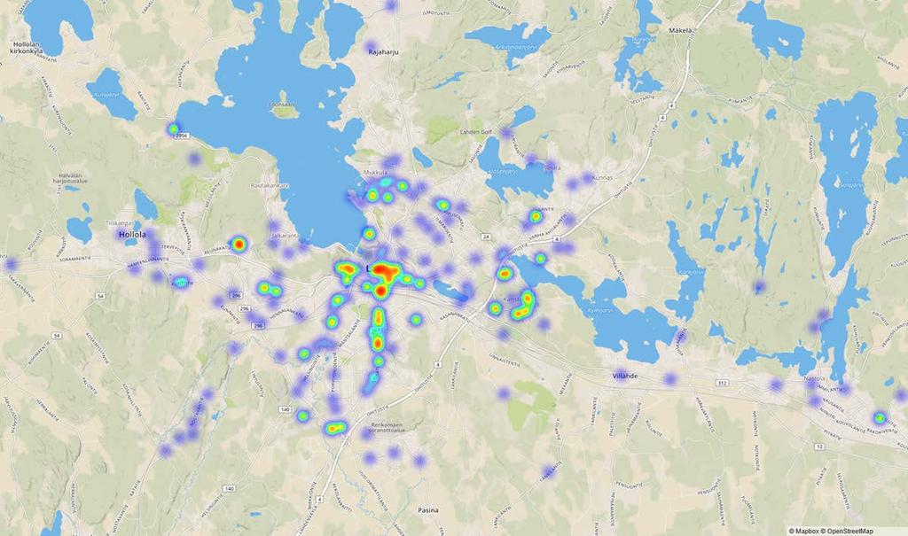 Karttavastaukset / Lahti ja Hollola Kartalla näkyy vastaajien merkitsemät kohteet, joissa on kehittämistarvetta