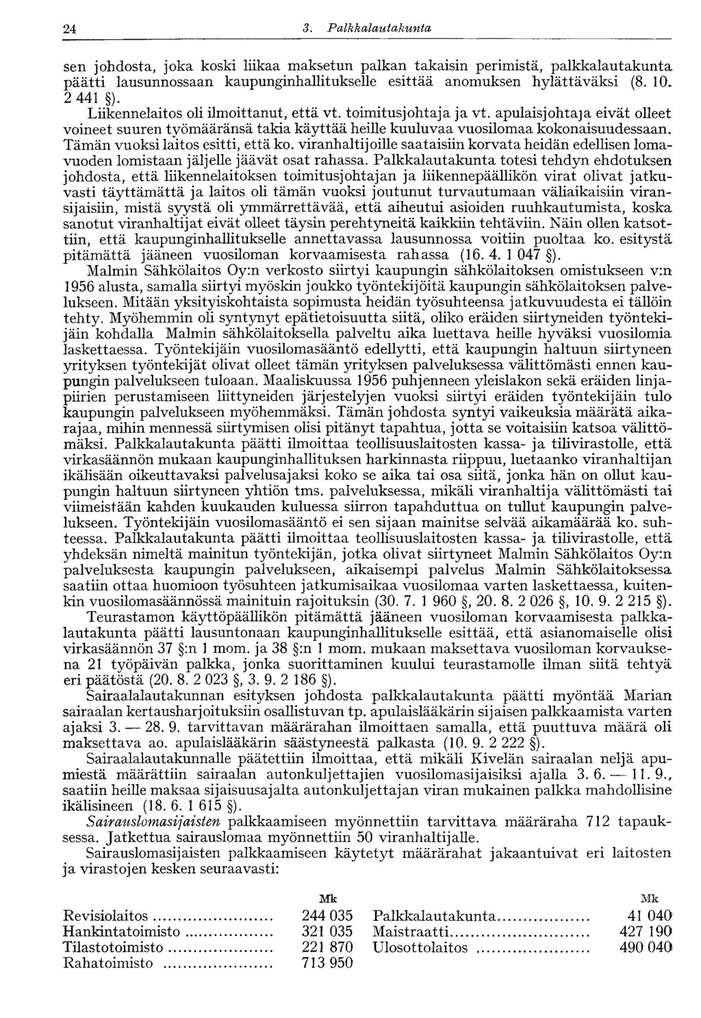 24 3. Palkkalautakunta sen johdosta, joka koski liikaa maksetun palkan takaisin perimistä, palkkalautakunta päätti lausunnossaan kaupunginhallitukselle esittää anomuksen hylättäväksi (8. 10. 2 441 ).