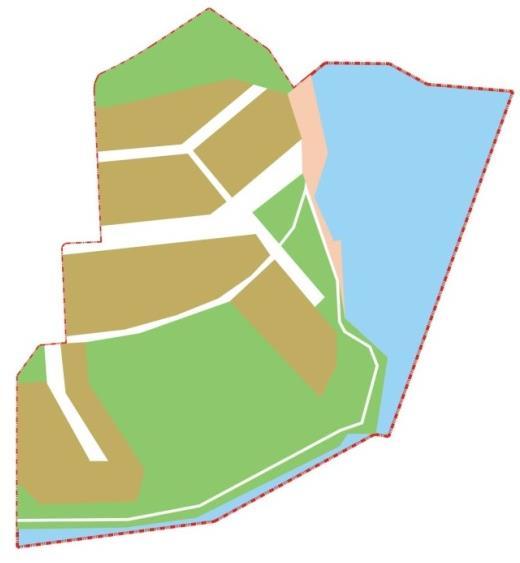 12,0 ha ja muita päällystettyjä alueita jää n.9,5 ha. Yleissuunnitelman aluetehokkuudeksi tulee e=0,42 ja korttelialueiden tehokkuudeksi e=1,39. Kuva 4.