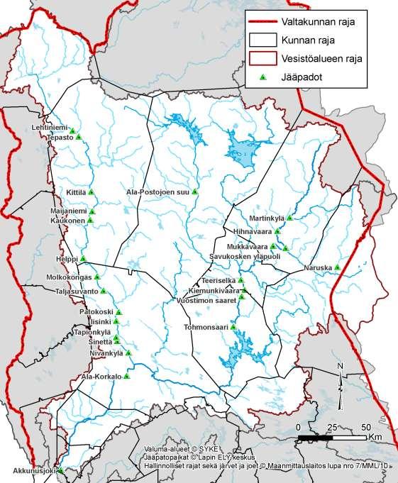 Rakennetun Kemijoen alueella vaaraa rakennuksille aiheuttavia jääpatoja on esiintynyt Pelkosenniemen kirkonkylän kohdalla Mairijokisuun yläpuolella.