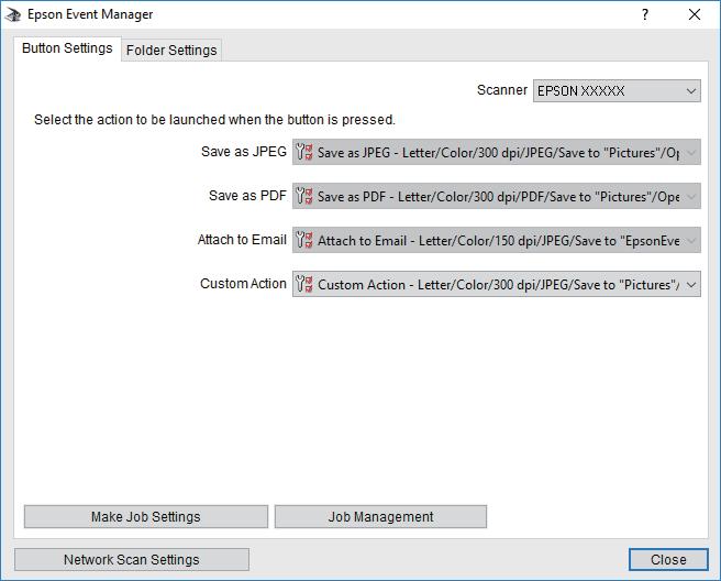 Skannaus 6. Varmista, että Mukautettu toiminta on valittu Mukautettu toiminta -luettelosta. 7. Sulje Epson Event Manager napsauttamalla Sulje.