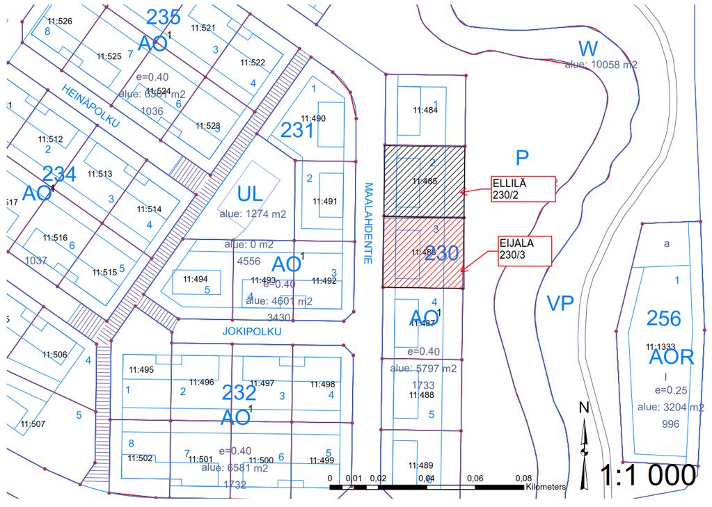 Kuva 2. Asemakaavaote. Asemakaavamerkintä korttelissa 230 on AO, enintään kaksiasuntoisten omakotirakennusten korttelialue. Kaavamerkintä mahdollistaa paritalon rakentamisen.