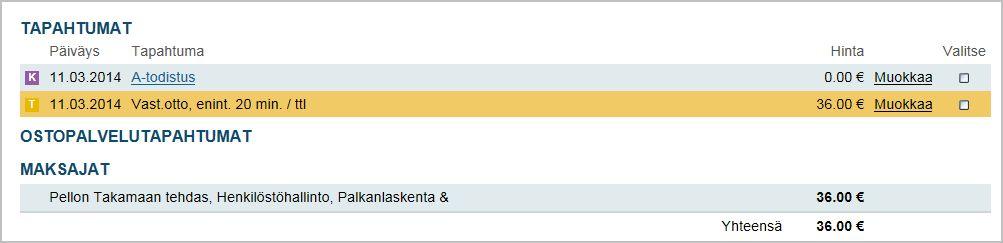 Jokaisesta tapahtumasta näytetään tekopäivä, tapahtuman nimi ja hinta. Tapahtumakohtaisesta Muokkaa linkistä voi muokata kyseisen tapahtuman tietoja.