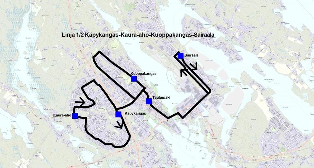 Laivalinnankatu-aipaleentie-Wredenkatu-Ahlströminkatu-Savontie-Rauhankatu Linjan 1/2 reitti.