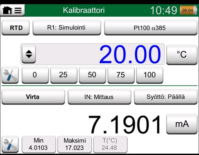 Toinen apuikkunoista liittyy instrumentin tuloon ja toinen instrumentin lähtöön. Käynnistä Kalibraattori napauttamalla kotinäkymän Kalibraattori-näppäintä (katso viereinen kuva).