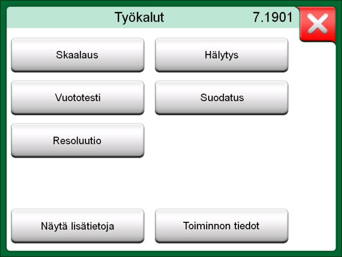 Työkalut - Yleistä 33 TYÖKALUT YLEISTÄ Kalibraattori-ikkunassa on Työkalunäppäin kummankin apuikkunan vasemmassa alanurkassa. Katso oikealla oleva kuva. Alla on luettelo tarjolla olevista työkaluista.