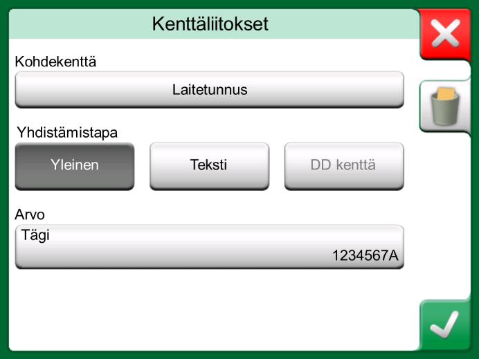 Teksti määrittää kiinteän tekstin valitulle MC6:n kentälle. DD kenttä avaa listan kaikista laitemallin laitekuvauksessa (Device Description) tarjolla olevista kentistä.