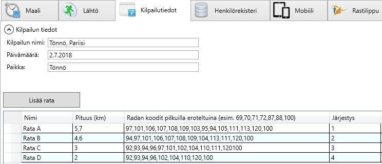 14. Kilpailutiedot-välilehdeltä: Tarkista tapahtumasi tiedot oheisen mallin mukaisiksi.