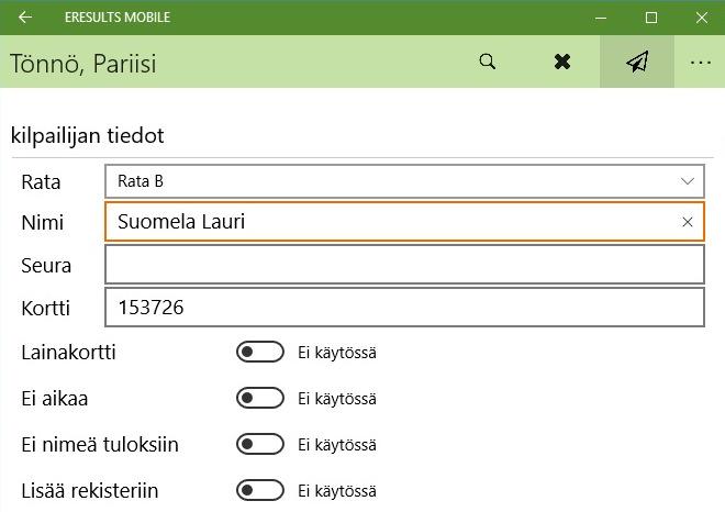 3.6.2. Lähtevän suunnistajan kirjaaminen lähtökoneella 1. Aseta suunnistajan EMIT-kortti lähtökoneen lukijan päälle, tarkista että emit kortin numero ilmestyy kenttään. 2. Valitse rata oikein!