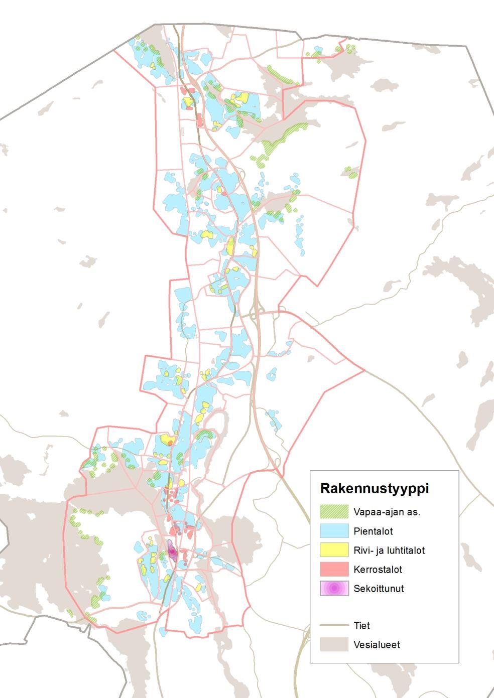 Asuinaluetyypit: Rakennustyyppi Alueiden tyypittely: Alueella esiintyy saman tyyppistä rakennuskantaa tiheänä kokonaisuutena Alueen rakennuksista selkeästi valtaosa on kyseistä rakennustyyppiä Myös