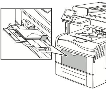 Paperit ja muu tulostusmateriaali Aseta numero 10:n kirjekuoret lyhyt reuna tulostimeen päin, läppä alaspäin ja oikealle.