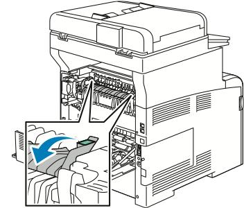 Vianetsintä Paperitukkeumien selvittäminen kiinnityslaitteen alueelta Ohjaustaulussa näkyvä virheviesti ei sammu ennen kuin paperirata on tyhjennetty. 1. Paina takaoven salpaa ja vedä ovi auki.