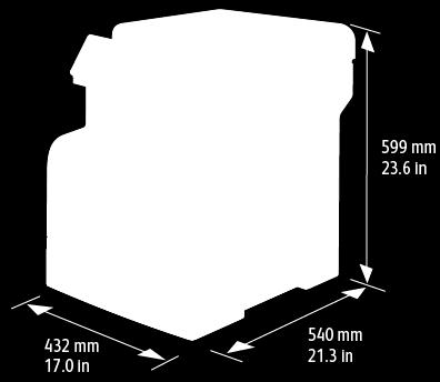 Tekniset tiedot Fyysiset ominaisuudet Painot ja mitat Vakiokokoonpano Kokoonpano, jossa valinnainen 550 arkin paperialusta Leveys 432 mm (17") 432 mm (17") Syvyys 540 mm (21,3") 540 mm (21,3")