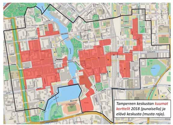 TAMPEREEN ELÄVÄ KESKUSTA-ALUE 2018 Elävän keskustan muodostavat ns. kuumat korttelit ja sitä ympäröivä +200 m elävä keskusta-vyöhyke*.