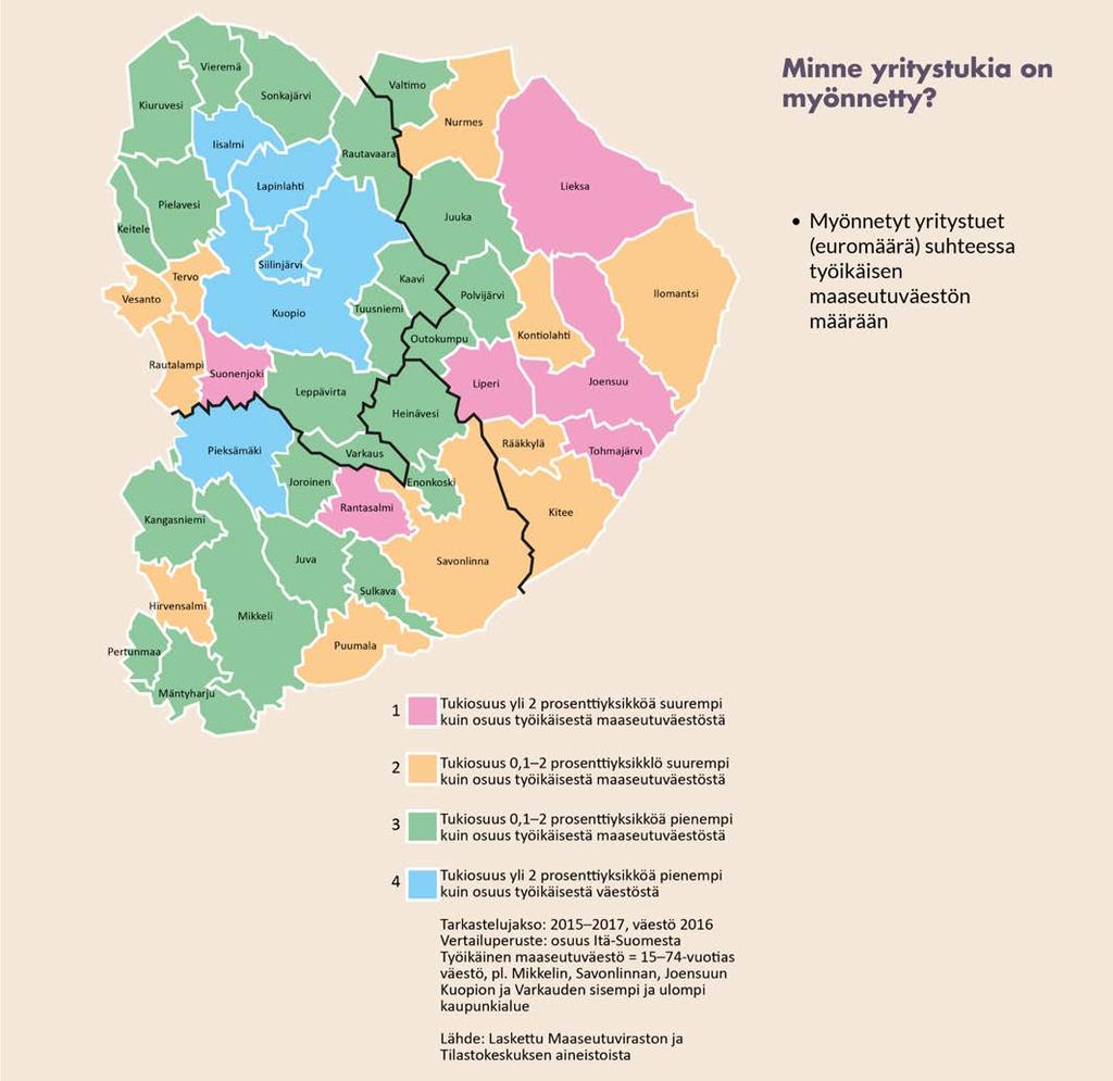 Rekisterit: yritystuki 2015-2017 Osuus Osuus Aluetyyppi (kunta) tuesta, % maaseutuväestöstä, % Harvaan asuttu