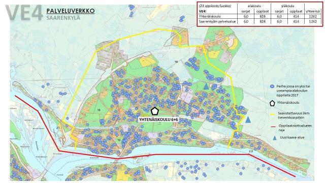 4.4 Vaihtoehto 4 Vaihtoehdossa alueella jatkaa yksi 6+6 -sarjainen yhtenäiskoulu, josta käytetään nimeä Saarenkylän yhtenäiskoulu. Investoinnit kohdistuvat uuteen yhtenäiskoulun uudisrakennukseen.