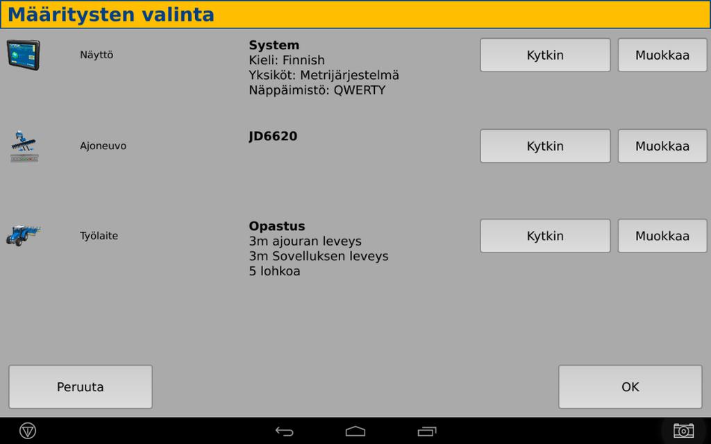 Avaa Pelto-näkymä Valitaan ajoneuvo Kytkin Traktori, Pumuri jne Valitaan työlaite Kytkin Kuvauksessa työtehtävä ja työkoneen