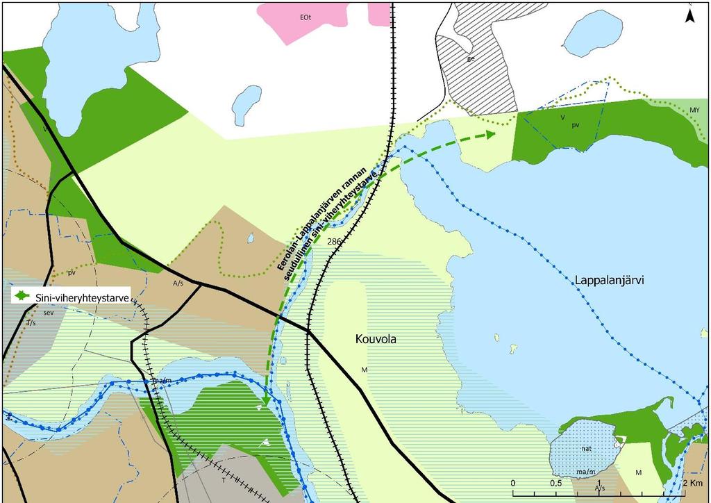 Kuva 7. Eerolan Lappalanjärven seudullinen sini-viheryhteystarve Kouvolan taajama-alueella ja sen varrella olevat, rajautuvat tai välittömässä läheisyydessä olevat ympäristön arvokohteet.