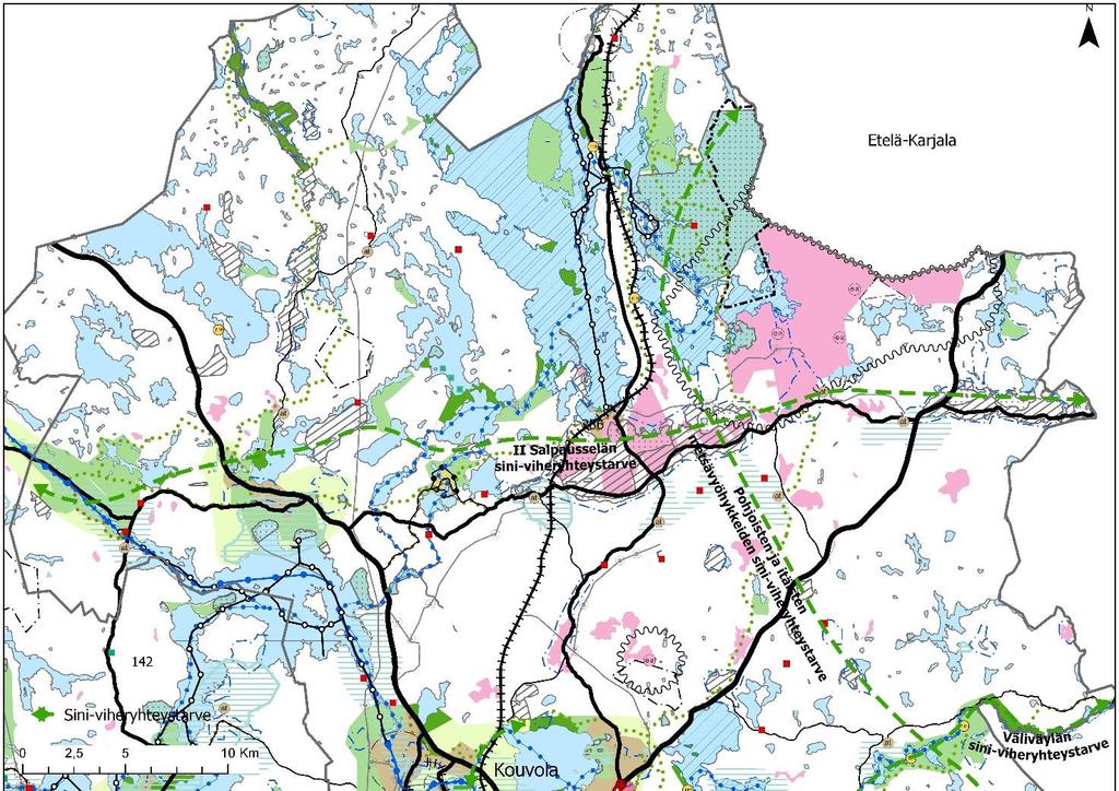 Kuva 8. II Salpausselän sini-viheryhteystarve ja sen varrella olevat, rajautuvat tai välittömässä läheisyydessä olevat ympäristön arvokohteet.