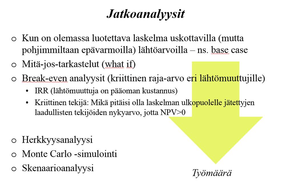 Pyrkimyksenä on tehdä mahdollisimman hyvä arvio investointiprojektin vapaista rahavirroista ja laskea niiden perusteella nettonykyarvo (tai joku muu projektin kannattavuuden tunnusluku).