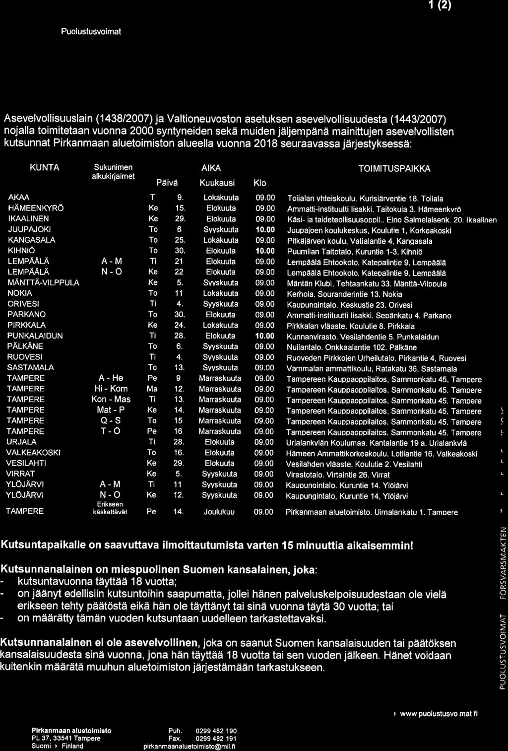 ( Puolustusvoimat KUTSUNTAKUULUTUS Asevelvollisuuslain (438007) ja Valtioneuvoston asetuksen asevelvollisuudesta (443007) nojalla toimitetaan vuonna 000 syntyneiden sekä muiden jäljempänä mainittujen