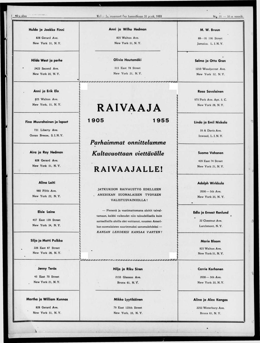 46 :s sivu Rmvr ja, maananfmia tammikuun 31 p:nä, 1955 N(^. 21 51 :11 vuosik. Hulda ja Jaakko Finni Anni ja Wilho Hedman M. W. Bruun 828 Gerard Ave. 825 Walton Ave. 88 16 196 Street Jamaica, L. I. N. Y.
