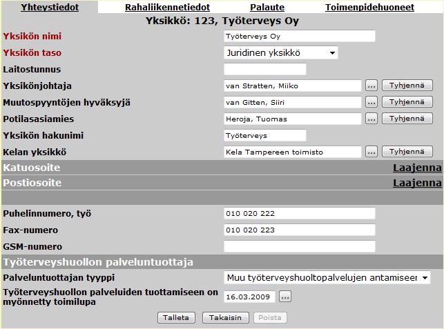 24/29 12. Näyttökuva: Juridisen yksikön tiedoissa työterveyshuollon ohjaustietoja SV 98a TTH -tulosteella ilmoitetaan, minkälainen työterveyshuolto on palvelujentuottajana.
