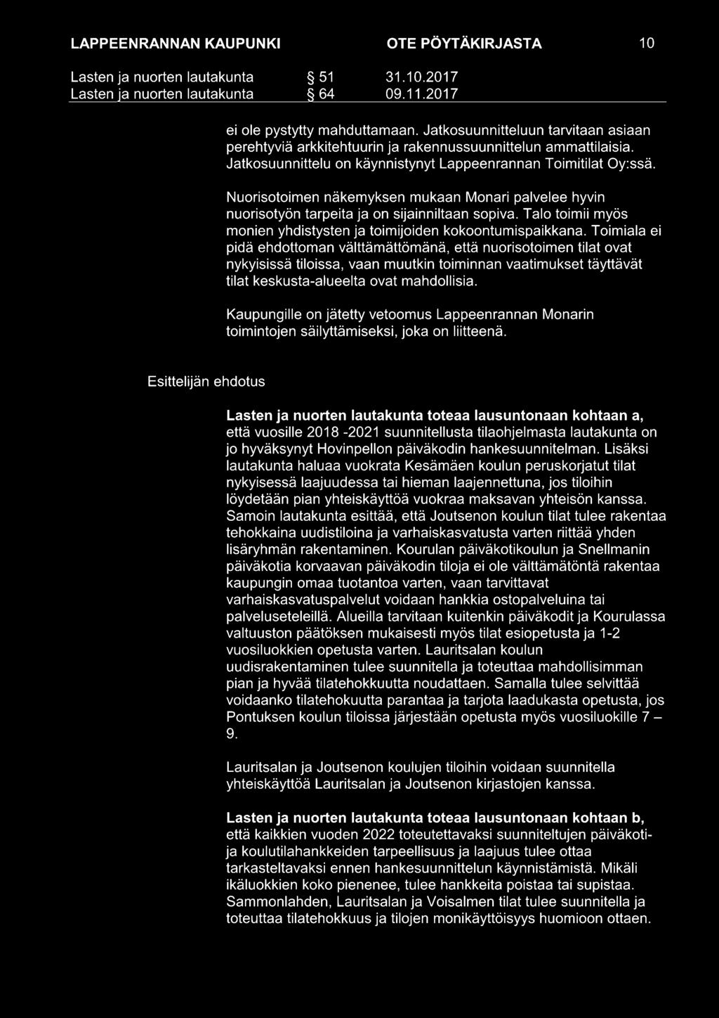 Toimiala ei pidä ehdottoman välttämättömänä, että nuorisotoimen tilat ovat nykyisissä tiloissa, vaan muutkin toiminnan vaatimukset täyttävät tilat keskusta-alueelta ovat mahdollisia.