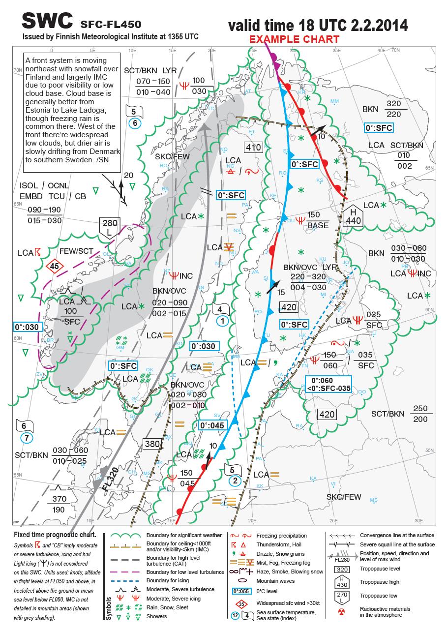 Esimerkki talvikauden NSWC -kartasta: Kattavasti merkittävää säätä, useita eri alueita (simpukkaviiva) Laaja IMC alue, monin paikoin utua/sumua CB- pilviä