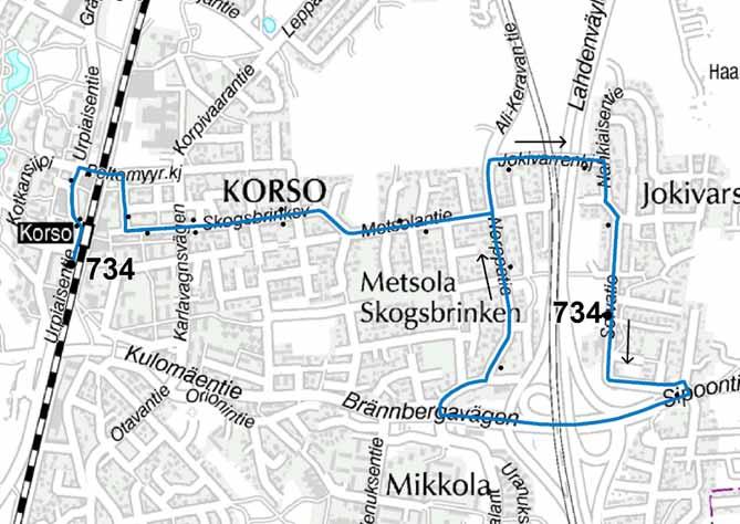 Liite 1-13 Linja 734 Jokivarsi Metsola Korson asema Linja 734 Ruuhka Päivä/ilta La, päivä Su, päivä Vuoroväli, min 30 30 30 30