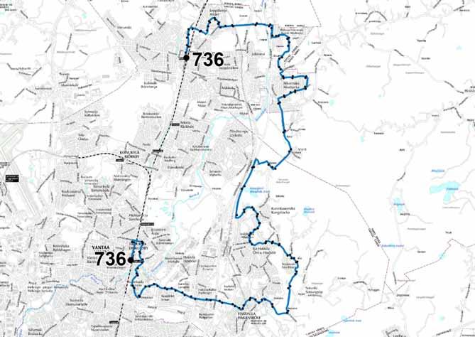 Liite 1-15 Linja 736 Tikkurilan asema Kuusikko Hakunila Sotunki Kuninkaanmäki Nikinmäki Pohjois-Nikinmäki Leppäkorpi Korson asema Linja 736 Ruuhka Päivä/ilta La, päivä Su, päivä Vuoroväli, min 30 60