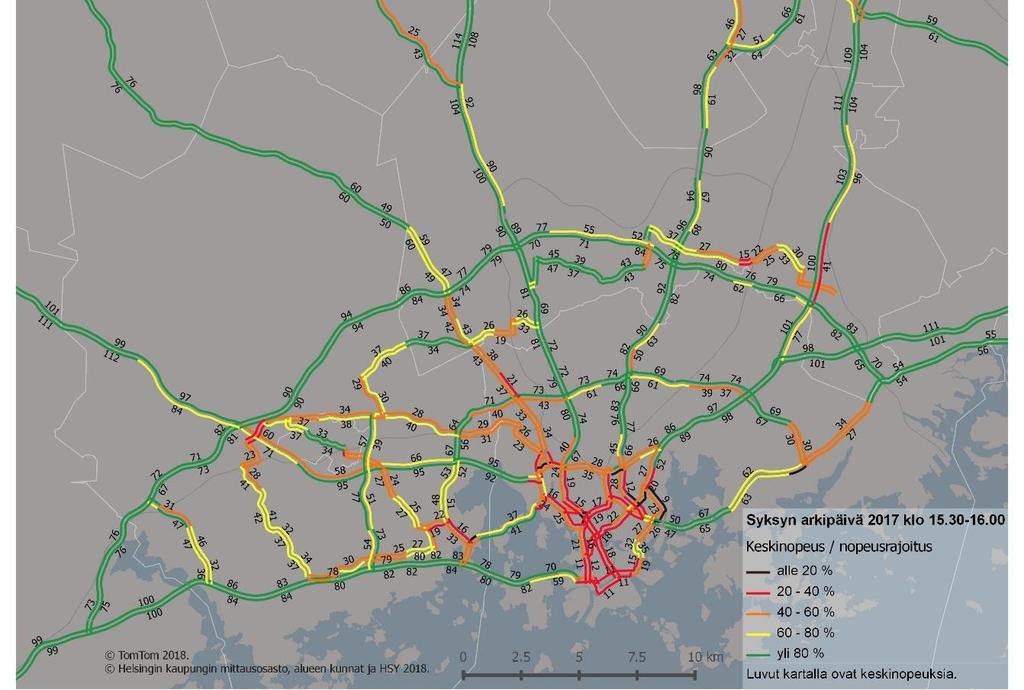 25 Kuva 13. Henkilöautoliikenteen sujuvuus ja keskimääräiset matkanopeudet TomTom-aineiston mukaan syksyn 2017 arkipäivinä klo 15.30 16.