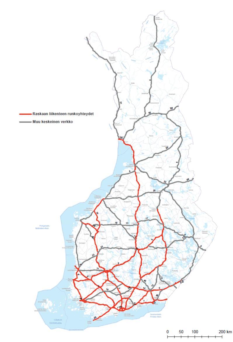 Käytössä olevan tieverkon laajuuden merkitys Tässä työssä tarkasteluja ei ole rajattu verkollisesti, vaan ne tehtiin sillä oletuksella, että HCT-kuljetukset sallittaisiin koko tieverkolla.