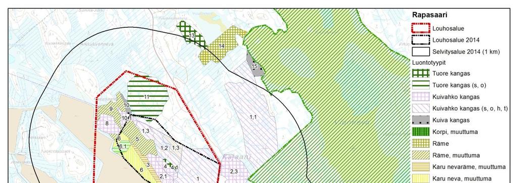 176 Kuva 5-25. Rapasaari, luontotyypit. (Ahma Ympäristö Oy, 2015) Outovesi Louhosalueen pohjoispuolella sijaitsee Outovesi järvi, jonka rannoille sijoittuu loma-asutusta.