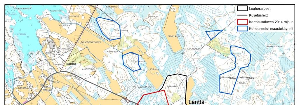 182 Kuva 5-29. Läntän nykyisen louhosalueen rajaus (musta), vuoden 2014 kartoituslaskentojen alueet (punainen) ja kohdennettujen maastokäyntien aluerajaukset (sininen).