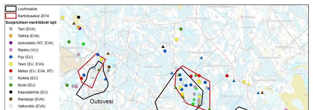 187 Nykyisillä louhosalueiden rajauksilla havaittiin suojelullisesti merkittävistä lajeista tavi, pyy, riekko, teeri, metso, ampuhaukka, kapustarinta, taivaanvuohi, valkoviklo, liro, tervapääsky,