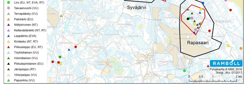 Louhosalueiden lähialueilla tavattiin puolestaan laulujoutsen, haapana, telkkä, isokoskelo, kuikka, mehiläishaukka, sinisuohaukka, hiirihaukka, rantasipi, viirupöllö, pikkusieppo ja isokäpylintu sekä