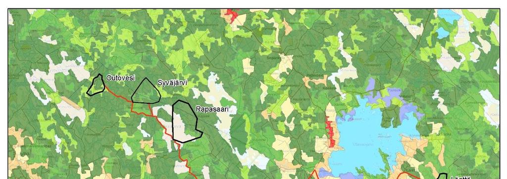 219 asuinalueita on ainoastaan Ullavanjärven länsi-, lounais- ja luoteispuolella sekä Kaustisen kunnan keskustassa (Kuva 6-2).