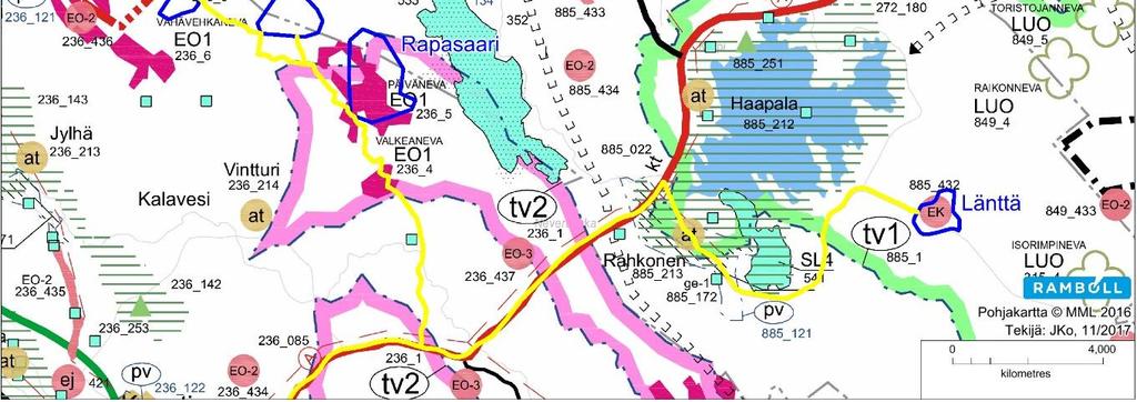 Outoveden, Syväjärven ja Rapasaaren louhosalueet esitetään yhdellä kartalla ja kauempana sijaitseva Läntän louhosalue toisella kartalla (Kuva 6-5).